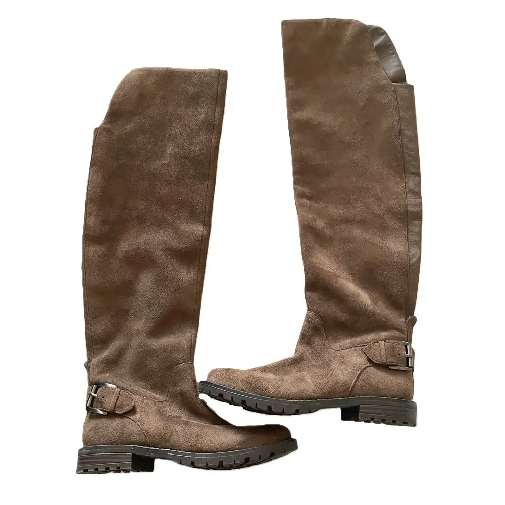 EUC G H BASS India Over the Knee Brown Faux Suede Flat Boots with Buckle Sz 5.5